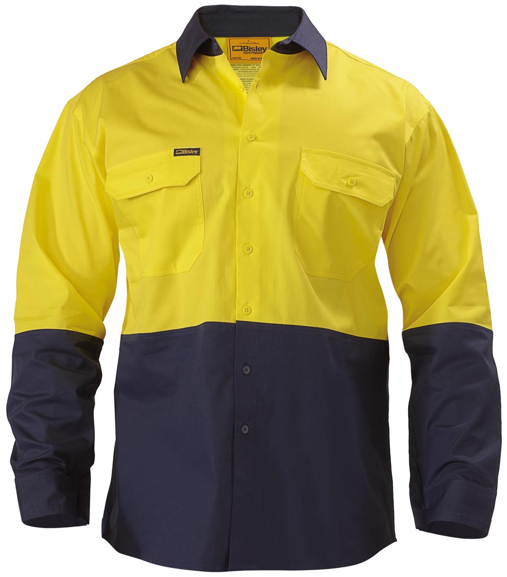 Bisley 2 Tone Hi Vis Cool Lightweight Mesh Ventilated Drill Work Shirt - Long Sleeve Image
