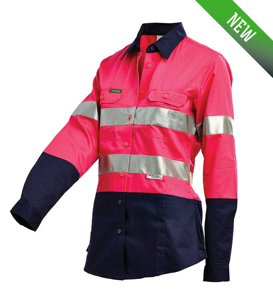 Workit Womens Hi-Vis 2-Tone Lightweight Pink Drill Shirt with 3M Reflective Tape Image